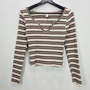 Full Tilt Striped Ribbed Cropped Long Sleeve Top Brown Tan Grunge Retro Baby Y2K